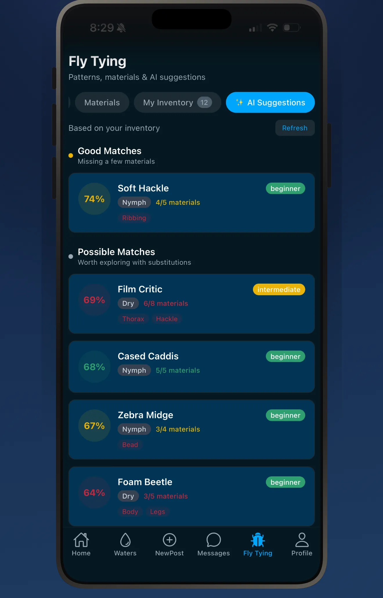 Fishbums AI fly recommendations with match percentages